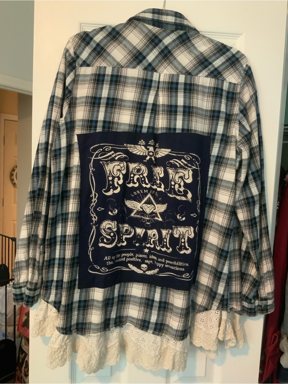 Upcycled Flannel Blue & White Plaid Lace-Hem Button-Up Shirt. Free Spirit.